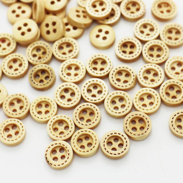 Mini Wood Buttons, Lined Edge Decorated, Tiny Extra Small, Wide Edge, Four Holes, DIY Bead, 10mm, 0.59inch, Raised Edge, For Crochet Shirt