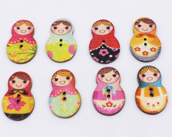 Russian Doll Wooden Buttons, Matryoshka Doll, Mixed Colors, Nesting Doll, Two Holes, Decorative, 30mm, Large Flat Size, Floral Pattern