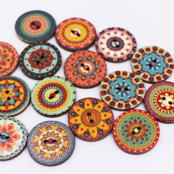 Bohemian Pattern Wooden Button, Assorted Colors, Aztec Pattern, BOHO Chic Style, Tribal Floral Pattern, 2 Holes, Decoration DIY, 20mm, 25mm