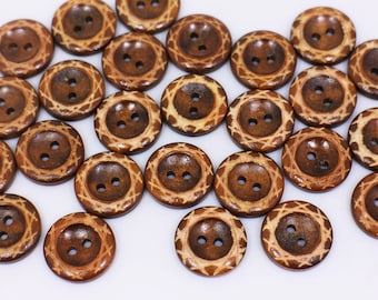Boho Wooden Buttons, Brown Color, Bohemian Style, Natural Wood Material, 2 Holes, For Coat Jacket Sewing DIY, 18mm, 0.7inch, Medium Size