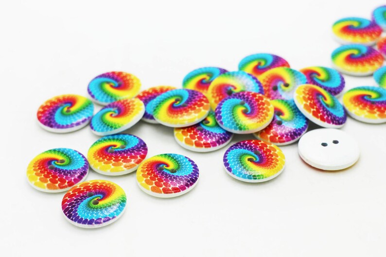 Rainbow Wooden Button, Coloful Rainbow Color, Spiral Print, Two Holes ...