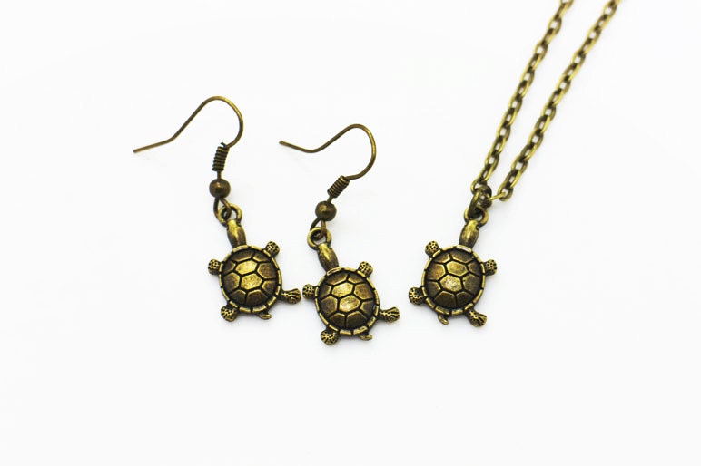 Turtle Dangling Earrings Turtle Necklace Antique Bronze Etsy