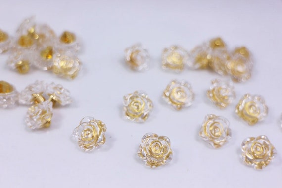 Clear Flower Buttons, Rose Floral Shaped, Clear and Gold Color, For Sewing Cardigan Wedding Dress Blouse,12.5mm, Elegant Romantic Classy DIY
