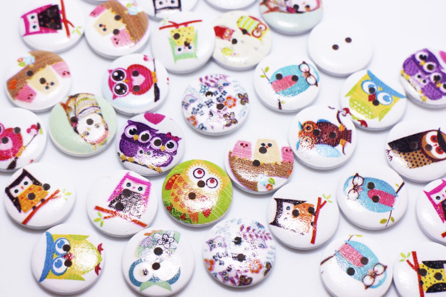 Owls Wooden Button, Assorted Birds Printed, Two Holes, 20mm, 0.78inch, Round Shaped, Random Mixed Pa