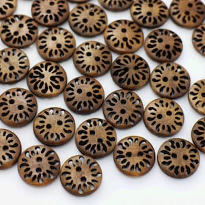 Flower Filigree Wood Button, Floral Cut Out Design, Medium Size, Two Holes, 15mm, 0.59inch, Dark Brown Color, Retro Vintage Style, Elegant