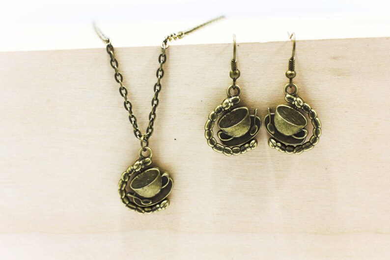 Coffee Mug Necklace Antique Bronze Jewelry,Bronze Color Jewellery Set,Retro Accessories Miniature Jewelries Coffee Cup Dangling Earrings