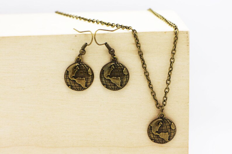 Jewelries Set Miniature,Retro Style Necklace Antique Bronze Charm Earth Necklace Bronze Planet Earrings Earth Earth Dangling Earrings
