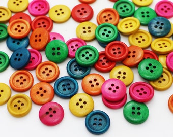 Colorful Wooden Button, 15mm, 0.59inch, Boho Bohemian Ethnic Style, Raised Edge, 4 Holes, For BOHO Theme Sweater Sewing, Green Pink Yellow