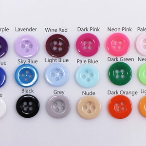 50 petits boutons colorés, résine, quatre trous, couleur de votre choix, bleu vert vin rouge gris orange rose noir blanc, 9mm, 11mm, 15mm, 18mm image 1