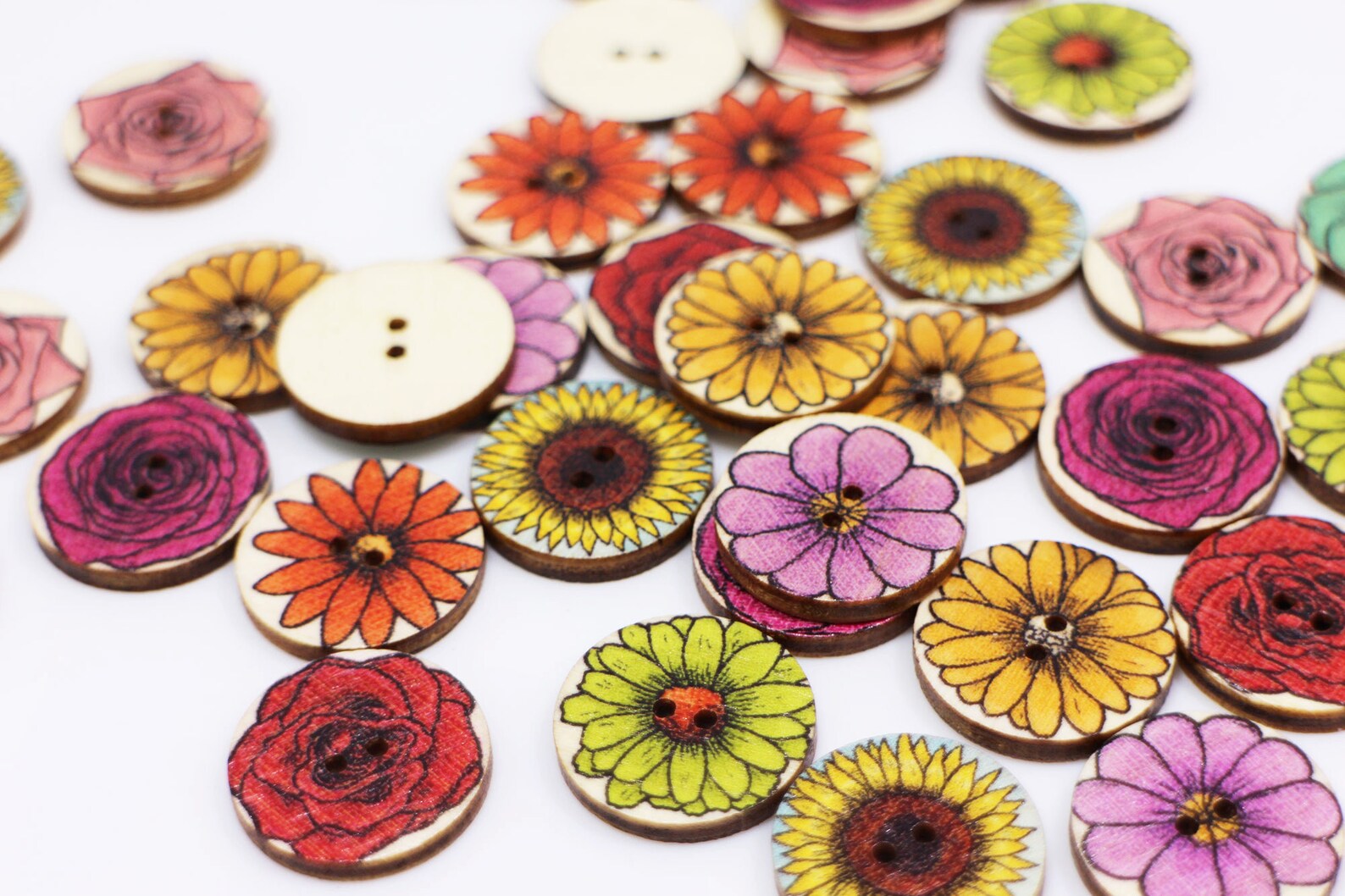 Mixed Flower Wooden Button Floral Sewing Buttons Wood Etsy