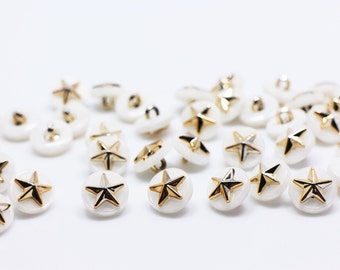 Golden Star Shank Button, Pearl White and Gold Color, For Sewing Blouse Cardigan Dress, Back Hole, Made of Plastic, Elegant Pretty,  11mm