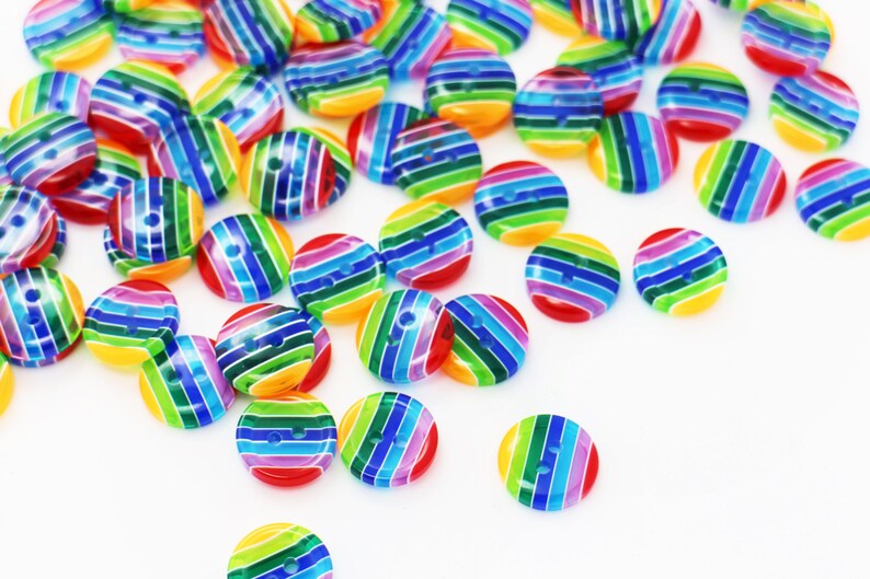 Rainbow Striped Button, Blue Yellow Red Colors, Semi-transparent, Two Holes, Decorative, For Shirt Blouse, 12mm, Retro Style, Raised Edge image 3