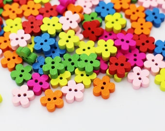 Rainbow Flower Wooden Button, Colorful Mixed Colors, Pink Orange Green Blue Red, Floral Shape, Two Holes, 11mm, Small Size,For Children Girl