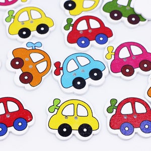 おもちゃの車の木製ボタン、男の子用裁縫ボタン、子供用木製ボタン、ミックスカラーボタン、セーターボタン、2穴ボタン、赤、黄、34 mm