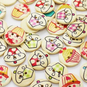 Cupcake Wood Button, Assorted Cakes Print, Cartoon Style, 2 Holes, 15mm, 0.59inch, Girly Cute Fun, Baking Lover, Birthday Party Decorative