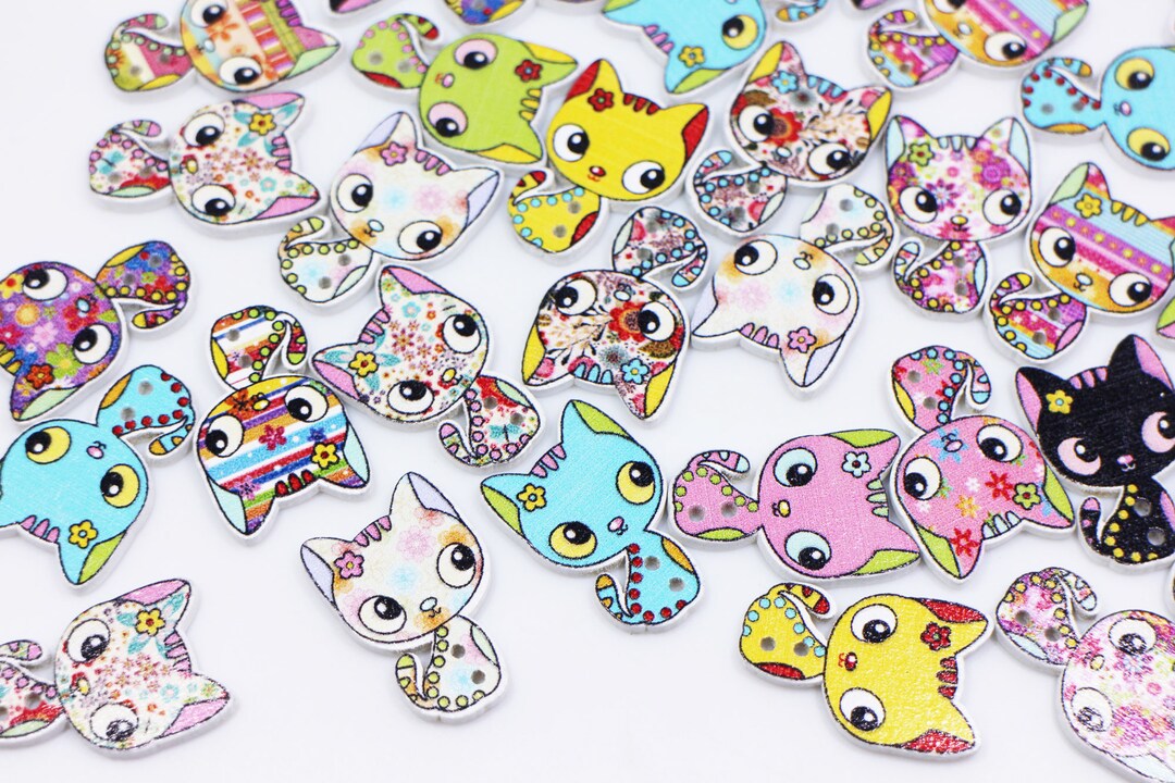 Cat Wooden Buttons, Floral Pattern, Cartoon Kitten, Animal Shape, 2 ...