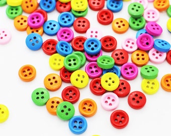 Mini Colorful Wooden Button, Wide Edge, Four Holes, For Crochet Baby Children Craft DIY, 9mm, 0.39inch, Mixed Colors, Red Pink Green Yellow