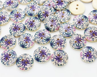 Purple Flower Wood Buttons, Blue Floral Pattern, Natural Wooden Material, Two Holes,15mm, 0.59inch, Summer Garden,Elegant Pretty,Crochet DIY