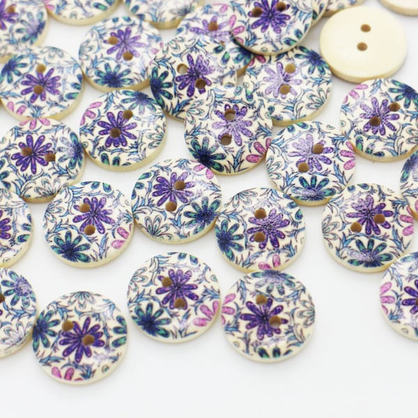 Purple Flower Wood Buttons, Blue Floral Pattern, Natural Wooden Material, Two Holes,15mm, 0.59inch, Summer Garden,Elegant Pretty,Crochet DIY