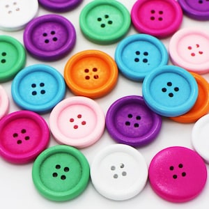 Large Colorful Wood Button, 4 Holes, Wide Raised Edge, Rainbow Colors, Purple Pink White Orange Blue Green, Large Size, 23mm, 0.9inch
