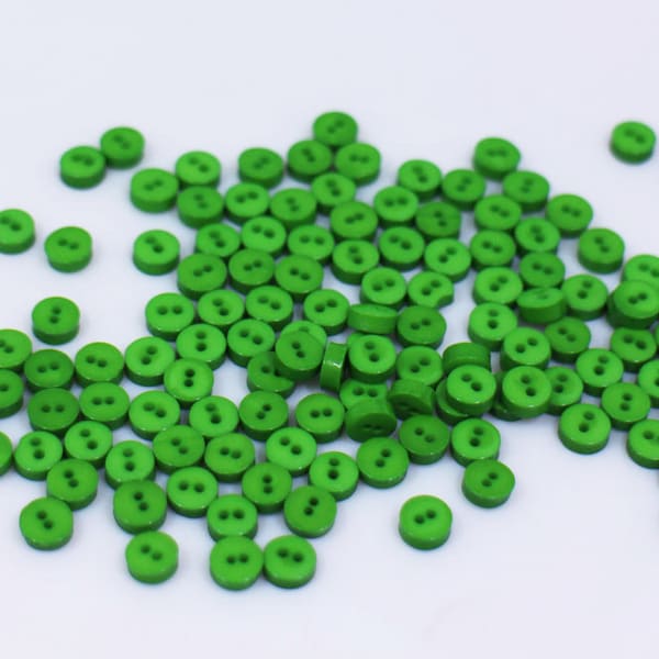 50 Tiny Green Button, Extra Small Mini Size, For Doll Cloth Supplies, Round Shape, Two Holes,6mm, 0.23inch,Flat Top,Solid Bright Green Color