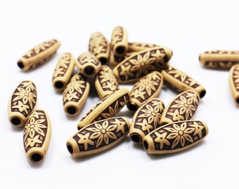 BOHO Flower Bead, Bohemian Floral Tribal Pattern Style, Wood-looking, Acrylic, For Accessories DIY Craft, Long Tube Shape, 28mm, 10pcs
