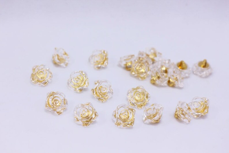 Clear Flower Buttons, Rose Floral Shaped, Clear and Gold Color, For Sewing Cardigan Wedding Dress Blouse,12.5mm, Elegant Romantic Classy DIY image 2