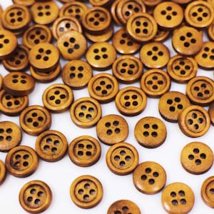 Extra Small Brown Wooden Button, 10mm, 0.39inch, Mini Size, Natural Wood Made, Tiny 4 Holes, Raised Edge, For Sewing Men Blouse Shirt DIY