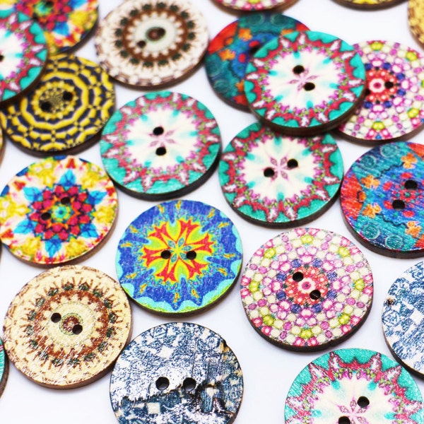 Bohemian Pattern Wood Button, Mixed Color,Aztec Pattern,BOHO Chic Buttons, Tribal Button,Two Holes Sewing Button,Floral Button, 25mm