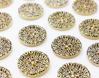 BOHO Pattern Wood Button, Large Size, Natural Wooden Material, 4 Holes, Flower Print, 25mm, 1inch, For Coat Jacket DIY Sewing Decoration