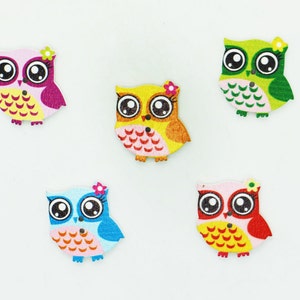 Eulen Holzknopf, Cartoon Vogel Tier, Naturholz, Zwei Löcher, Rosa Blau Grün Orange, 24 mm, Niedlich Spaß, Für Kinder Basteln, Flach