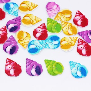 May include: Assortment of colorful seashell-shaped buttons with a variety of patterns and designs. The buttons are made of wood and have a glossy finish.
