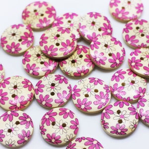 花の木製ボタン、ピンクと白の色、菊の花柄、2穴、DIY手工芸品の装飾、18 mm、0.7インチ、夏にかわいい