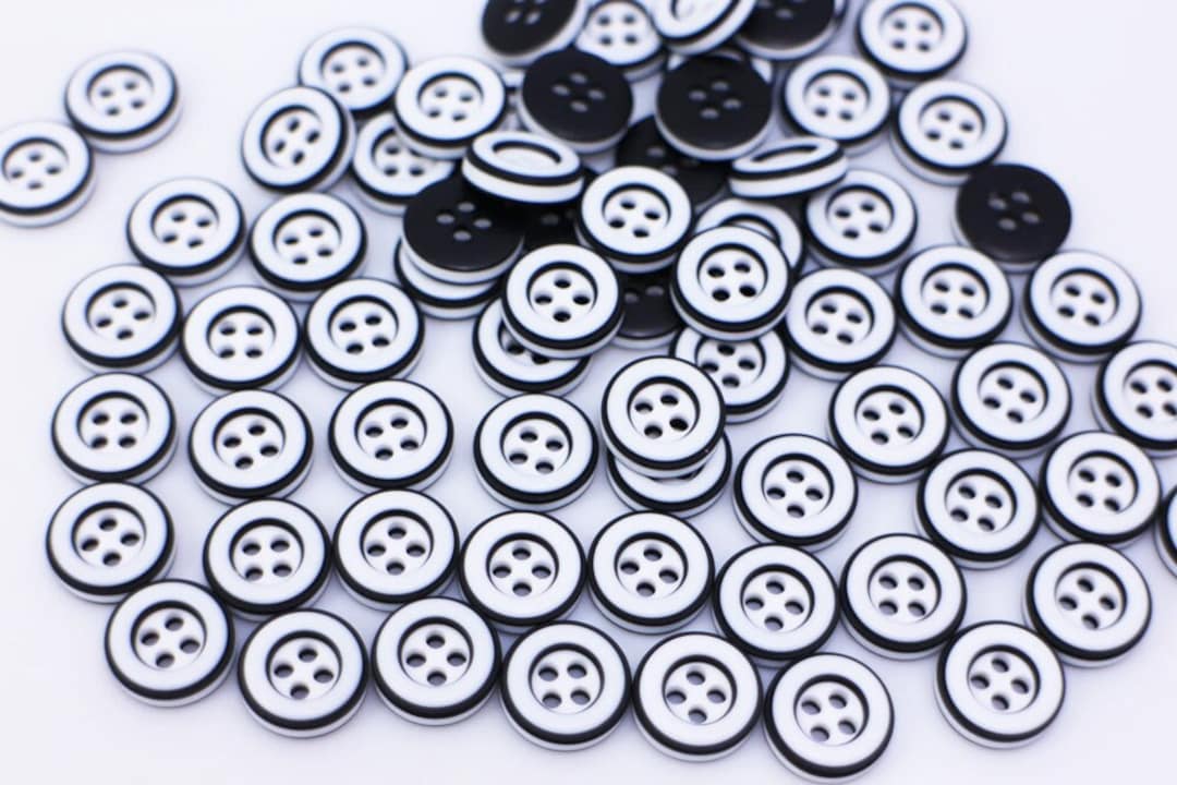 White and Black Buttons, Four Holes, Thick Round Shape, Wide Raised ...