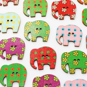 Elephant Wooden Button, Flower Pattern, 2 Holes, Animal Shape, Large Flat Size, Colorful, Red Pink Green Purple, Mixed Colors, For Craft DIY