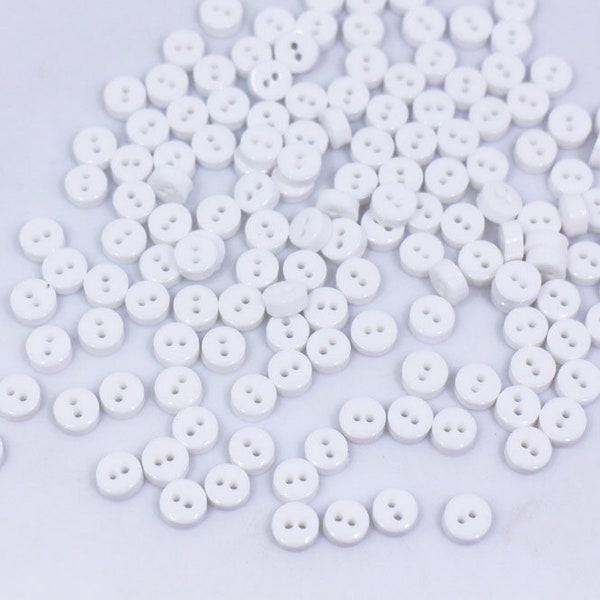 50 Mini White Button, Extra Small Tiny Size, Solid White Color, For Sewing Doll Clothes, Round Shape, Two Hole, 6mm, 0.23inch, Flat Top