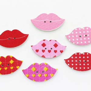 Kisses Wood Button, Red Lips, Pink and Red Color, DIY Craft Bead, Two Holes, 34mm, Sexy Cute Funny, For Valentines Day Craft Decoration