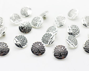 Silver Tree Metal Shank Buttons, Antique Silver Color, Trees Pattern, Vintage Style, For Sewing Coat Sweater Jacket, BOHO Style, 14mm,0.55in