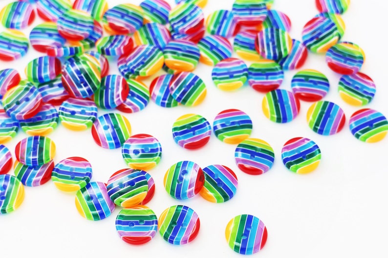 Rainbow Striped Button, Blue Yellow Red Colors, Semi-transparent, Two Holes, Decorative, For Shirt Blouse, 12mm, Retro Style, Raised Edge image 1