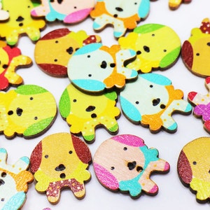 Puppy Dog Wooden Button, Animal Shape, Cartoon Dogs, Two Holes, 30mm, Large Flat Size, Mixed Colors, Yellow Pink Blue Red, Large Flat Size