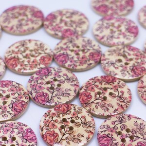 Pink Rose Wooden Button, Large Flower Pattern, Floral Print, Natural Wood, Four Holes, 30mm, 1.18inch, Pink and Beige, Vintage Style image 3