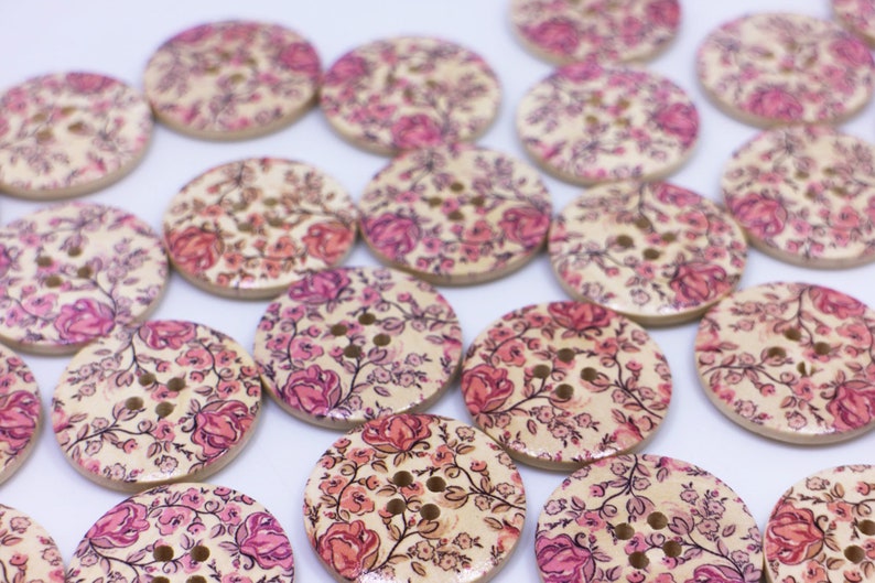 Pink Rose Wooden Button, Large Flower Pattern, Floral Print, Natural Wood, Four Holes, 30mm, 1.18inch, Pink and Beige, Vintage Style image 3