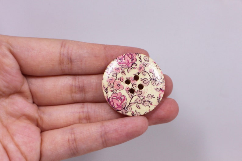 Pink Rose Wooden Button, Large Flower Pattern, Floral Print, Natural Wood, Four Holes, 30mm, 1.18inch, Pink and Beige, Vintage Style image 4