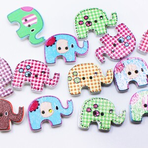 Elephant Button, Cartoon Animal Shaped, Assorted Styles, Plaid Pattern, Green Pink Blue, For Children DIY Craft Decorative, 2 Holes, 29mm