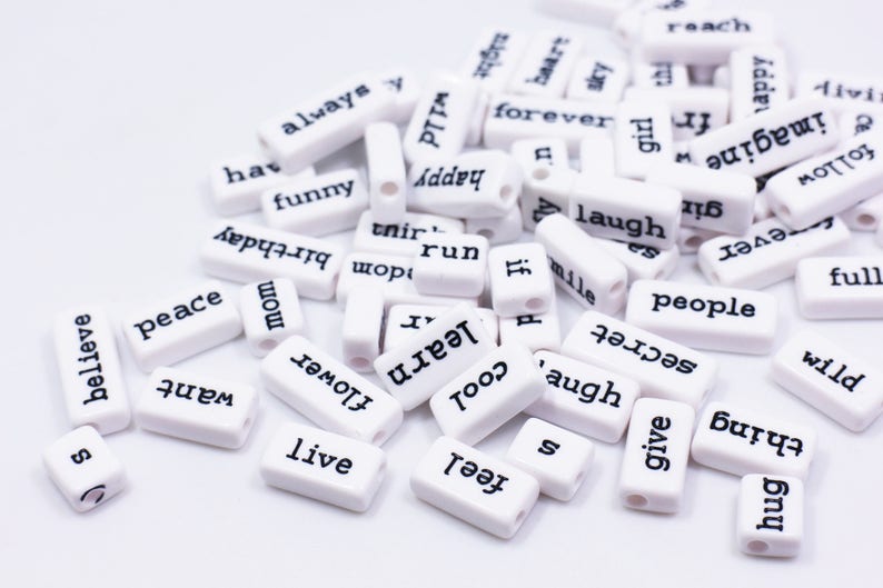 100 pieces English Words Bead, White Color, Random Word, Made of Acrylic, Random English Single Words, Live, Feel, Of, Give, 10mm to 30mm image 1