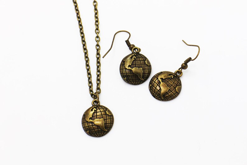 Jewelries Set Miniature,Retro Style Necklace Antique Bronze Charm Earth Necklace Bronze Planet Earrings Earth Earth Dangling Earrings
