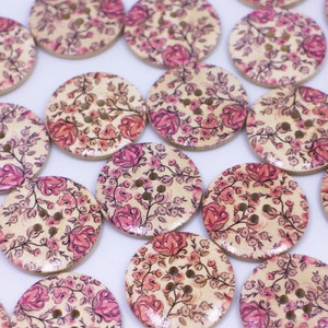 Pink Rose Wooden Button, Large Flower Pattern, Floral Print, Natural Wood, Four Holes, 30mm, 1.18inch, Pink and Beige, Vintage Style image 2