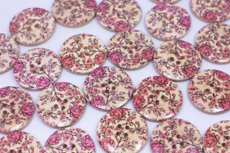 Pink Rose Wooden Button, Large Flower Pattern, Floral Print, Natural Wood, Four Holes, 30mm, 1.18inch, Pink and Beige, Vintage Style image 2