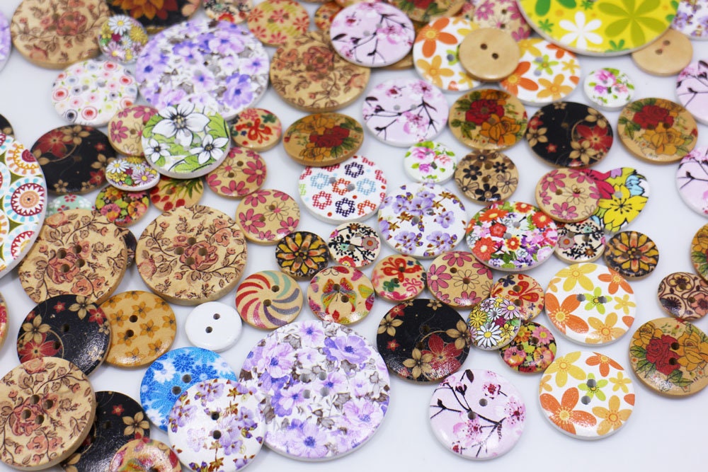 Mixed Pattern Flower Wood Buttons – Billy and Baa