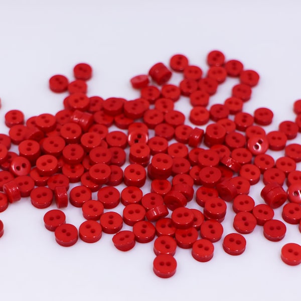 50 Mini Red Button, Tiny Extra Small Size, Solid Bright Red Color, For Doll Cloth Making, Round Shape, Two Holes,6mm, 0.23inch, Flat Top